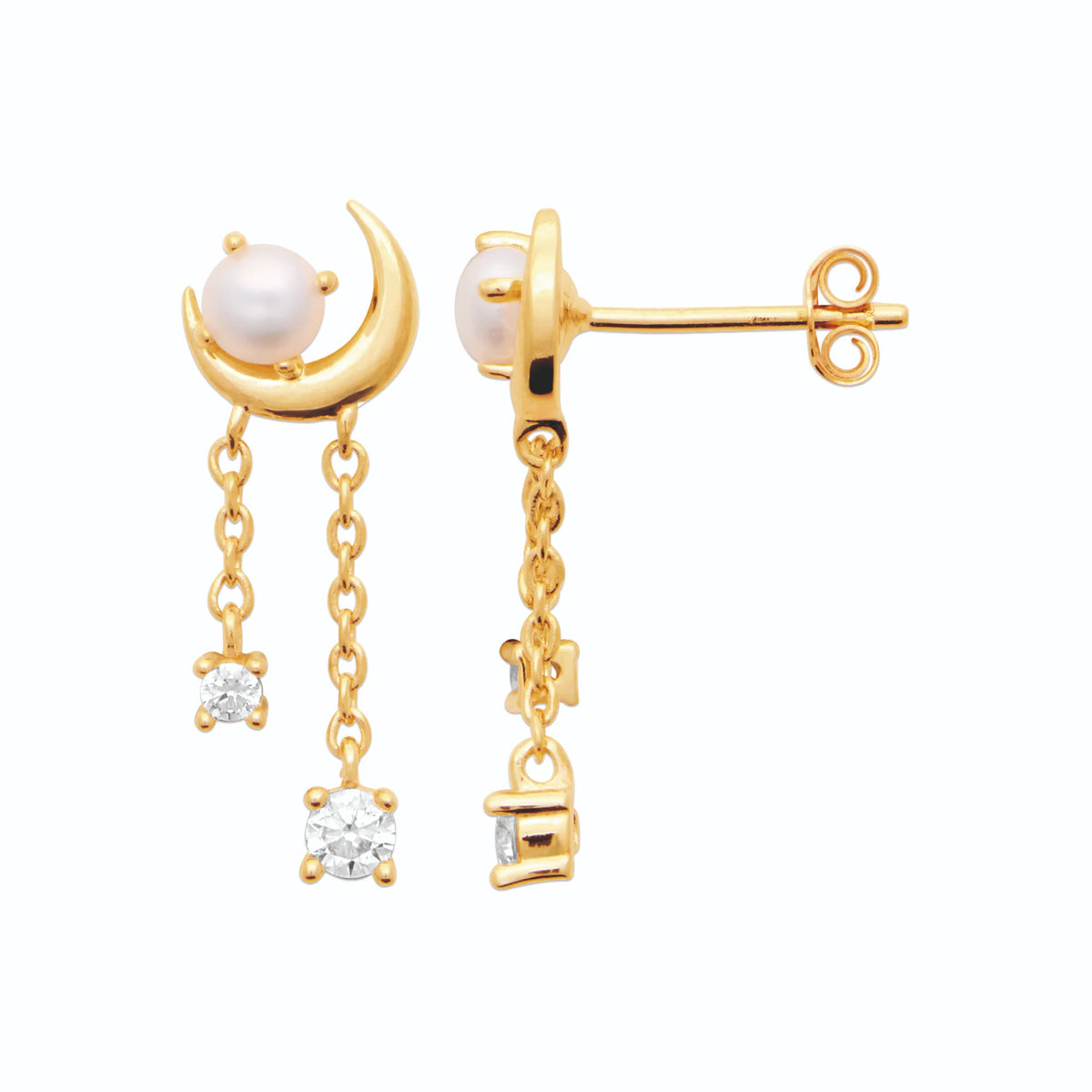 Boucles d’oreilles pendantes croissant, perle de culture et zircons en plaqué or