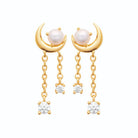 Boucles d’oreilles pendantes croissant, perle de culture et zircons en plaqué or