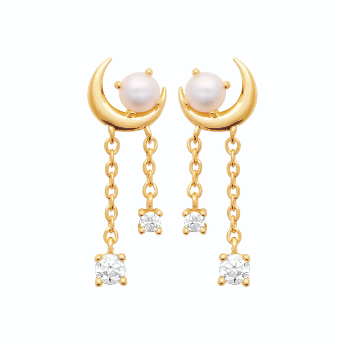 Boucles d’oreilles pendantes croissant, perle de culture et zircons en plaqué or