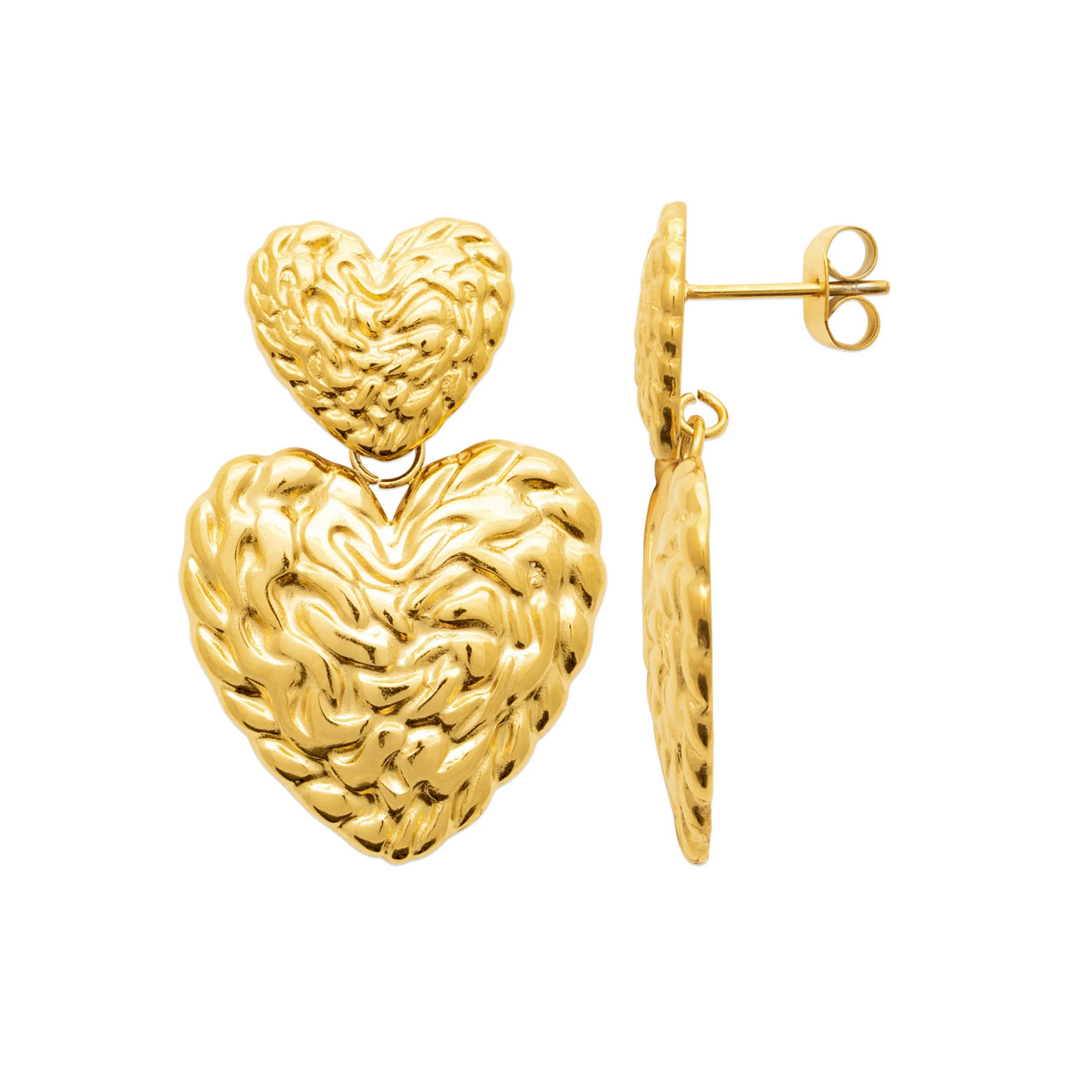 Boucles d’oreilles pendantes deux cœurs martelés en acier PVD doré