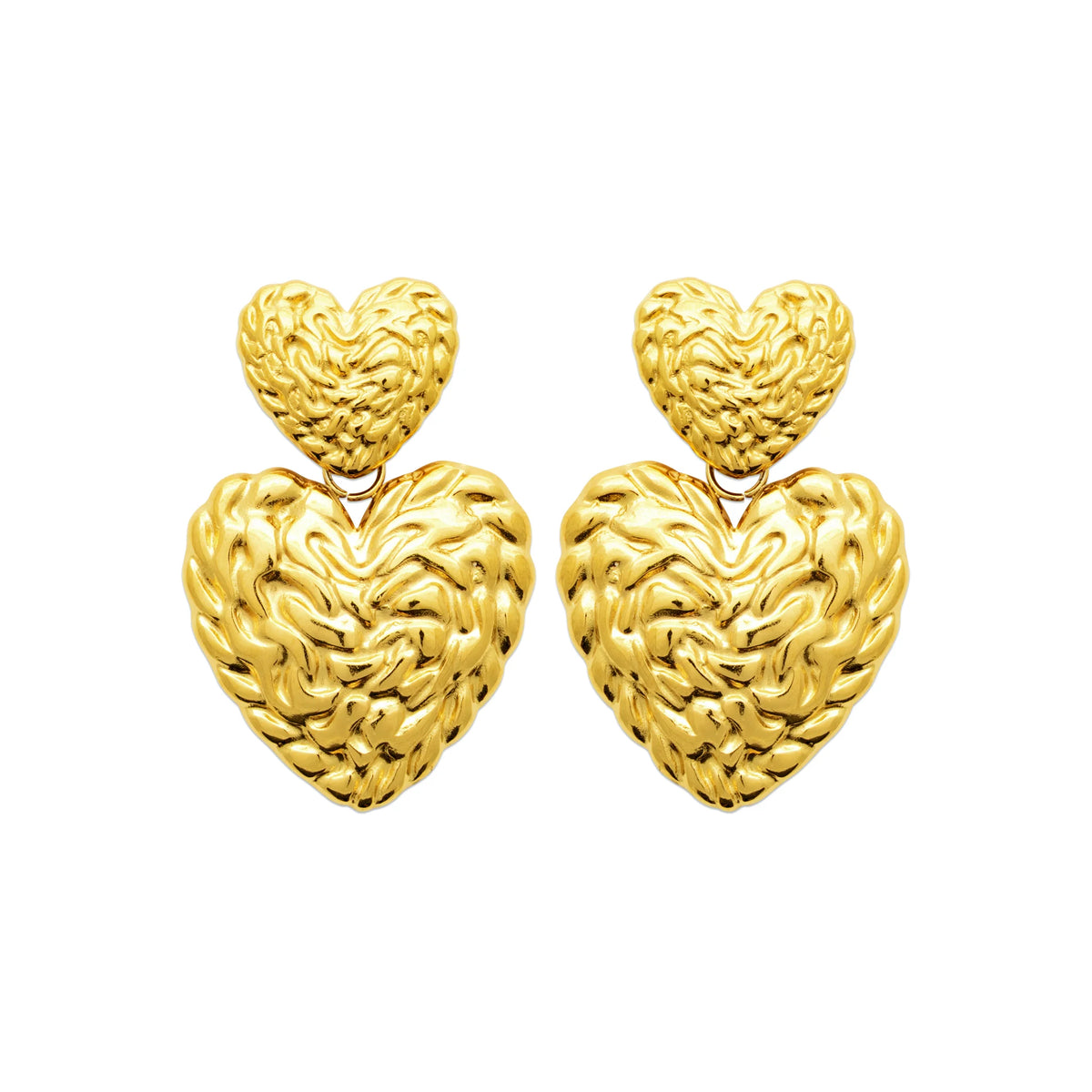 Boucles d’oreilles pendantes deux cœurs martelés en acier PVD doré
