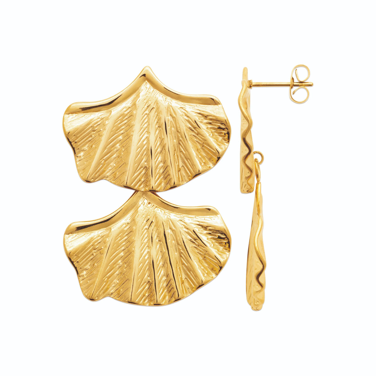 Boucles d’oreilles pendantes deux coquilles plissées en acier PVD doré
