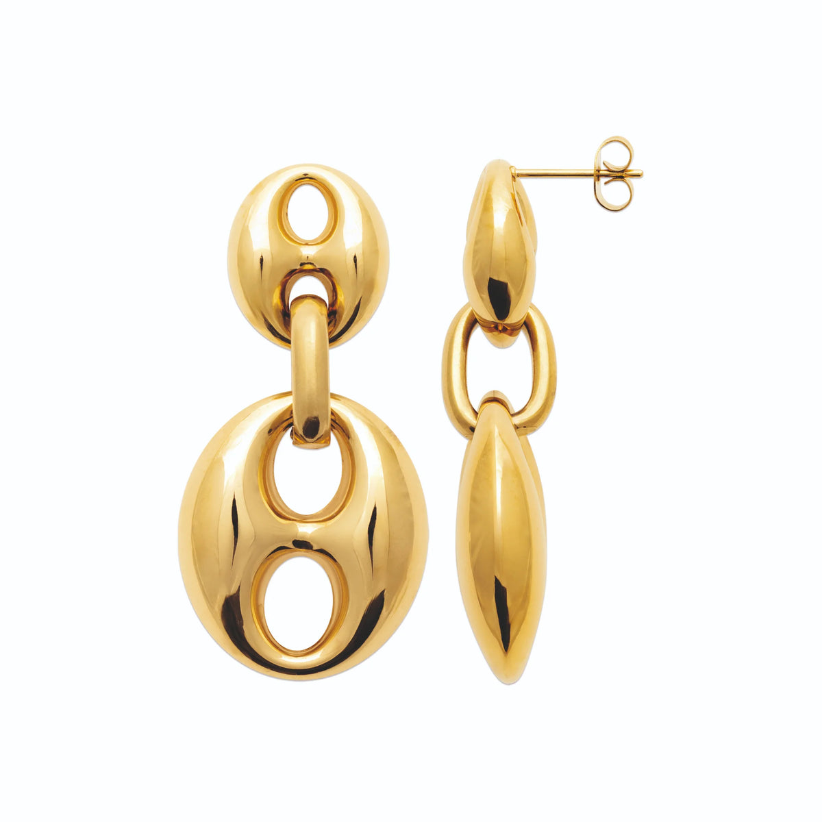Boucles d’oreilles pendantes deux maillons grain de café en acier PVD doré
