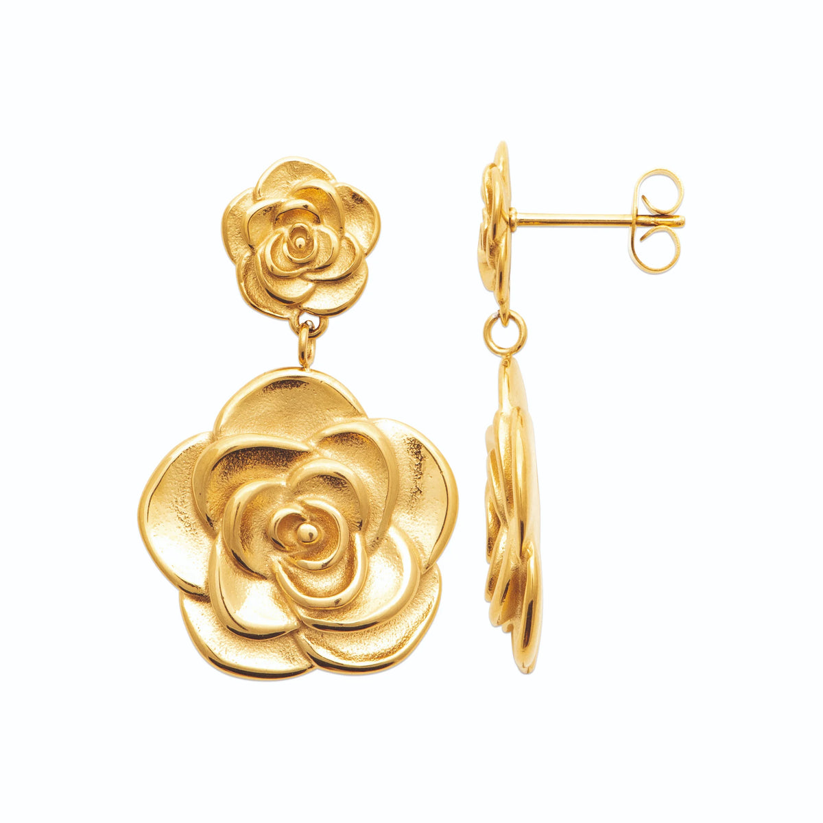 Boucles d’oreilles pendantes deux roses sculptées en acier PVD doré