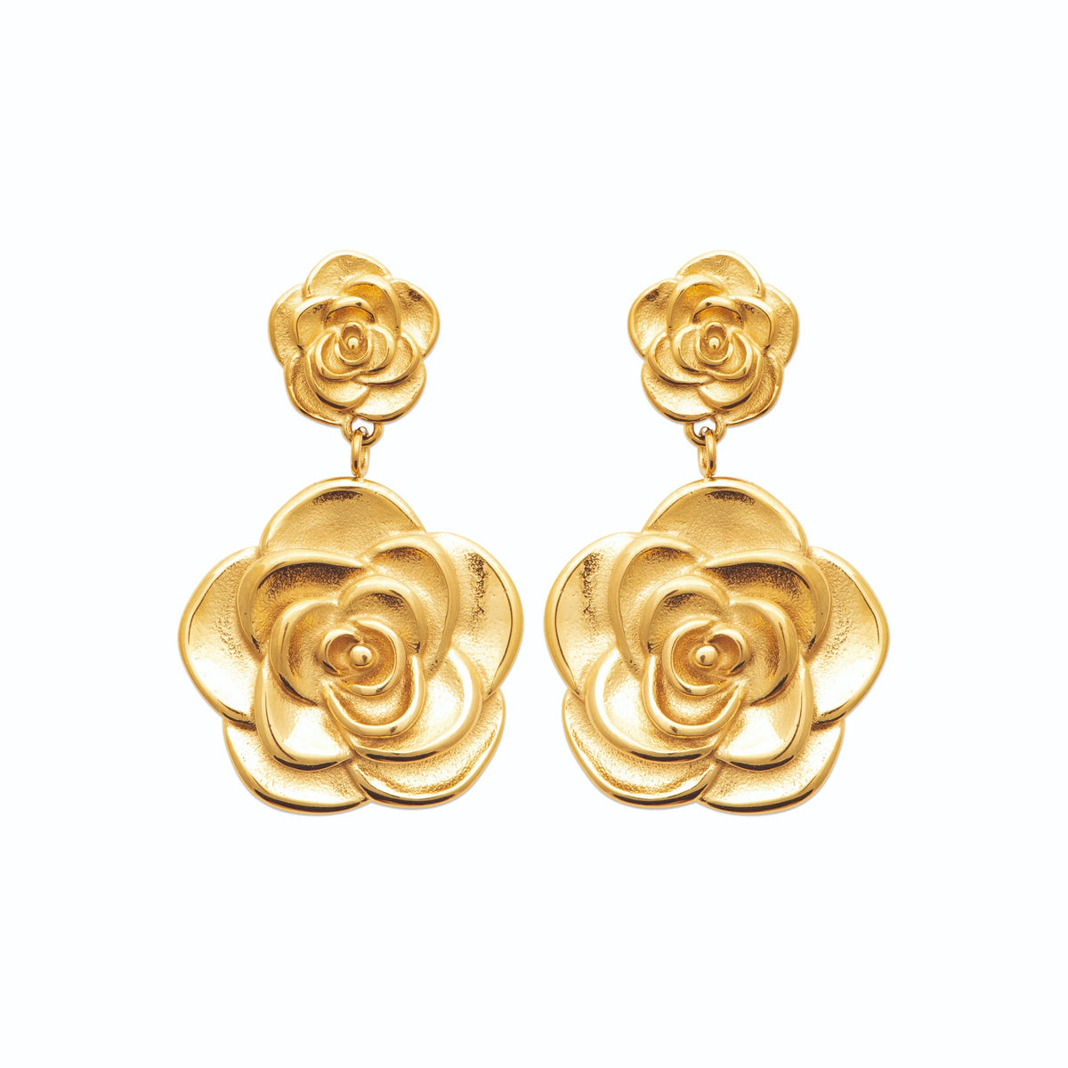 Boucles d’oreilles pendantes deux roses sculptées en acier PVD doré
