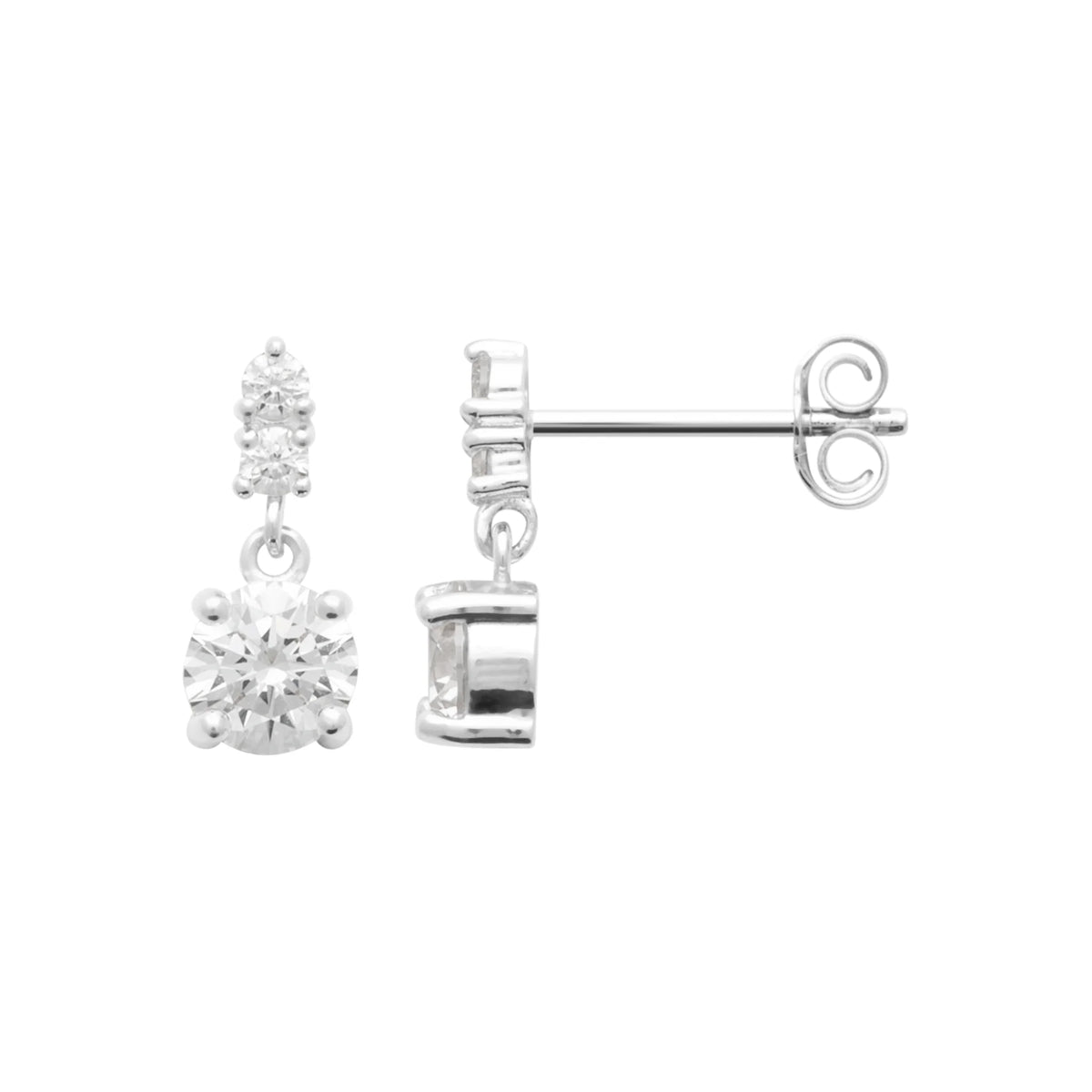 Boucles d’oreilles pendantes deux zircons ronds superposés en argent 925, vue de profil