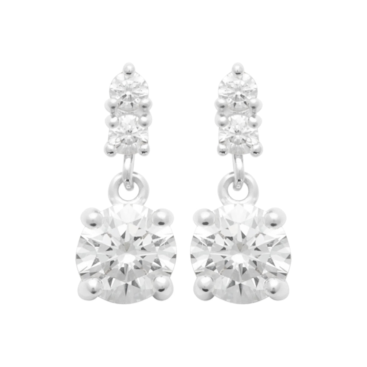 Boucles d’oreilles pendantes deux zircons ronds superposés en argent 925, vue de face