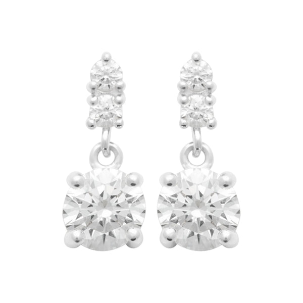 Boucles d’oreilles pendantes deux zircons ronds superposés en argent 925, vue de face