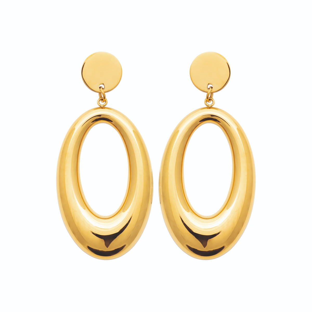 Boucles d’oreilles pendantes disque et anneau ovale bombé en acier PVD doré