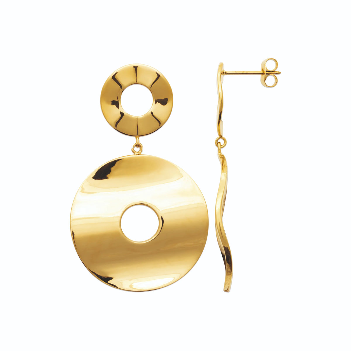 Boucles d’oreilles pendantes disque bombé ajouré en acier PVD doré