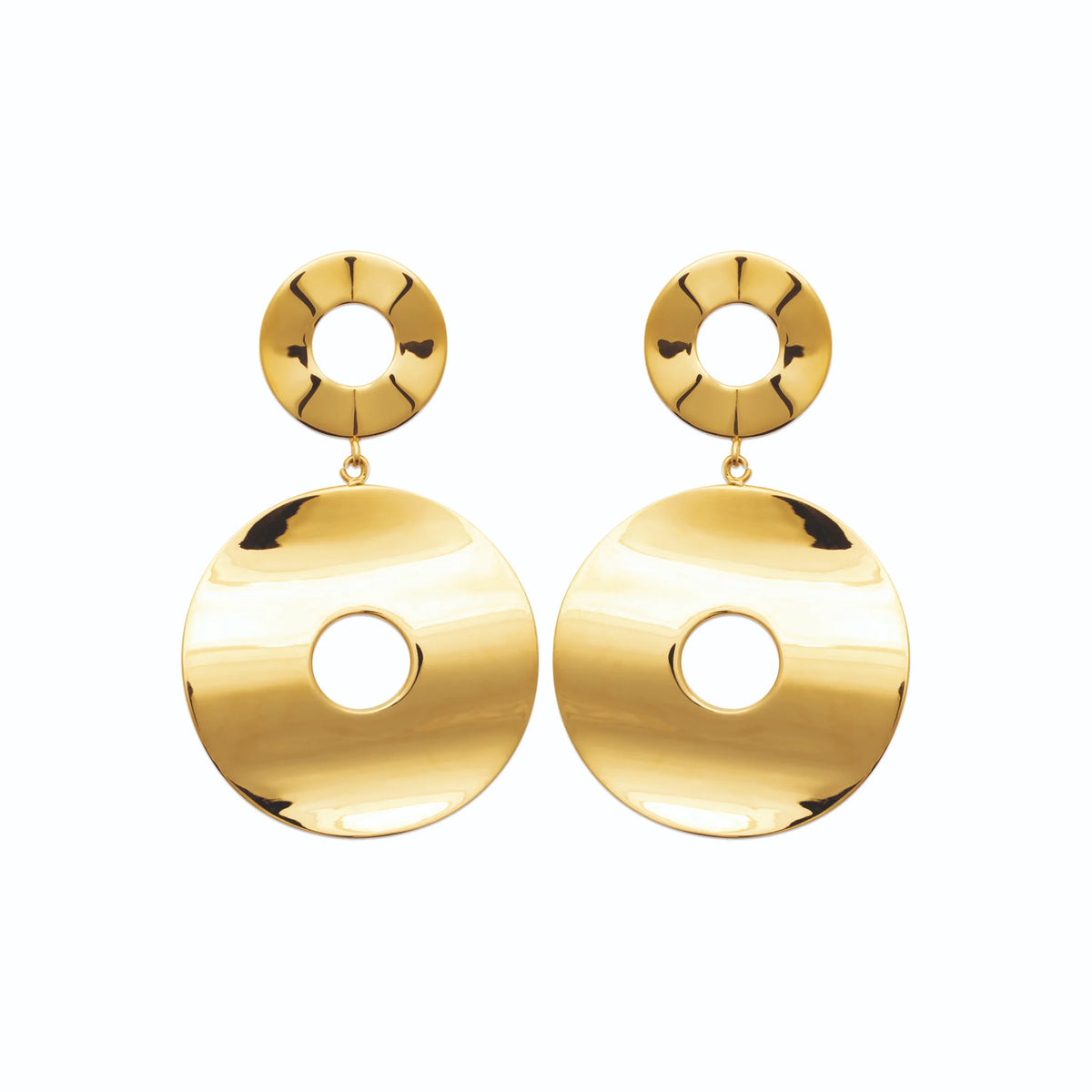 Boucles d’oreilles pendantes disque bombé ajouré en acier PVD doré