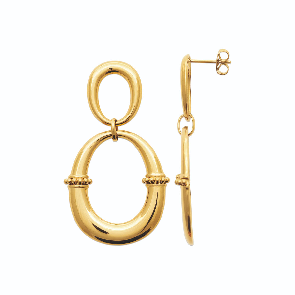 Boucles d’oreilles pendantes double anneau ovale en acier PVD doré