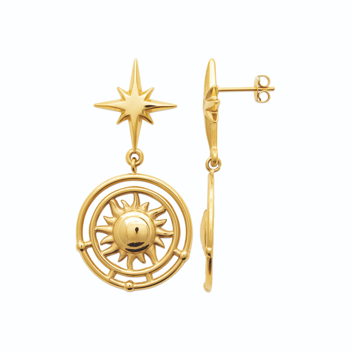 Boucles d’oreilles pendantes étoile et médaillon soleil en acier PVD doré