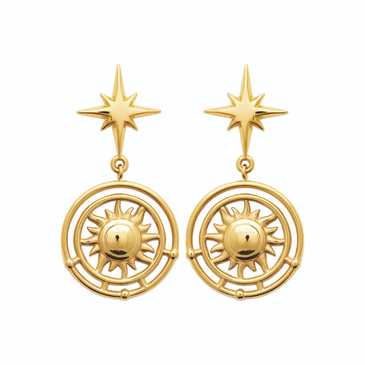 Boucles d’oreilles pendantes étoile et médaillon soleil en acier PVD doré