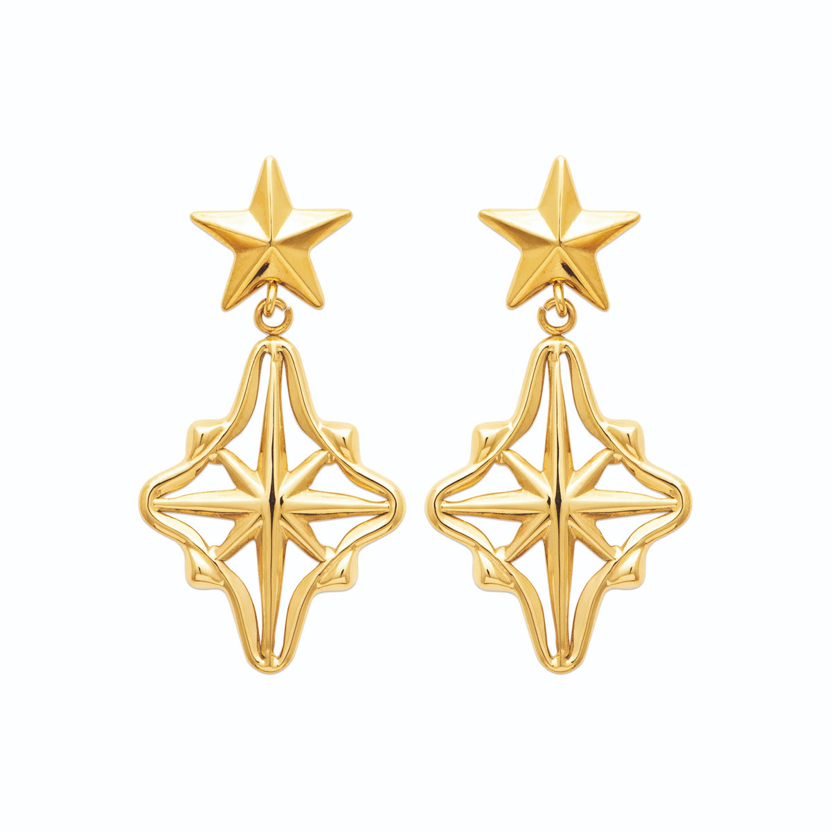 Boucles d’oreilles pendantes étoiles ajourées en acier PVD doré
