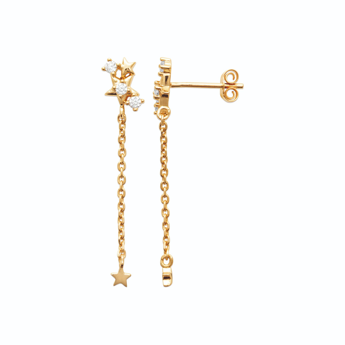 Boucles d’oreilles pendantes étoiles de zircons et chaînette en plaqué or