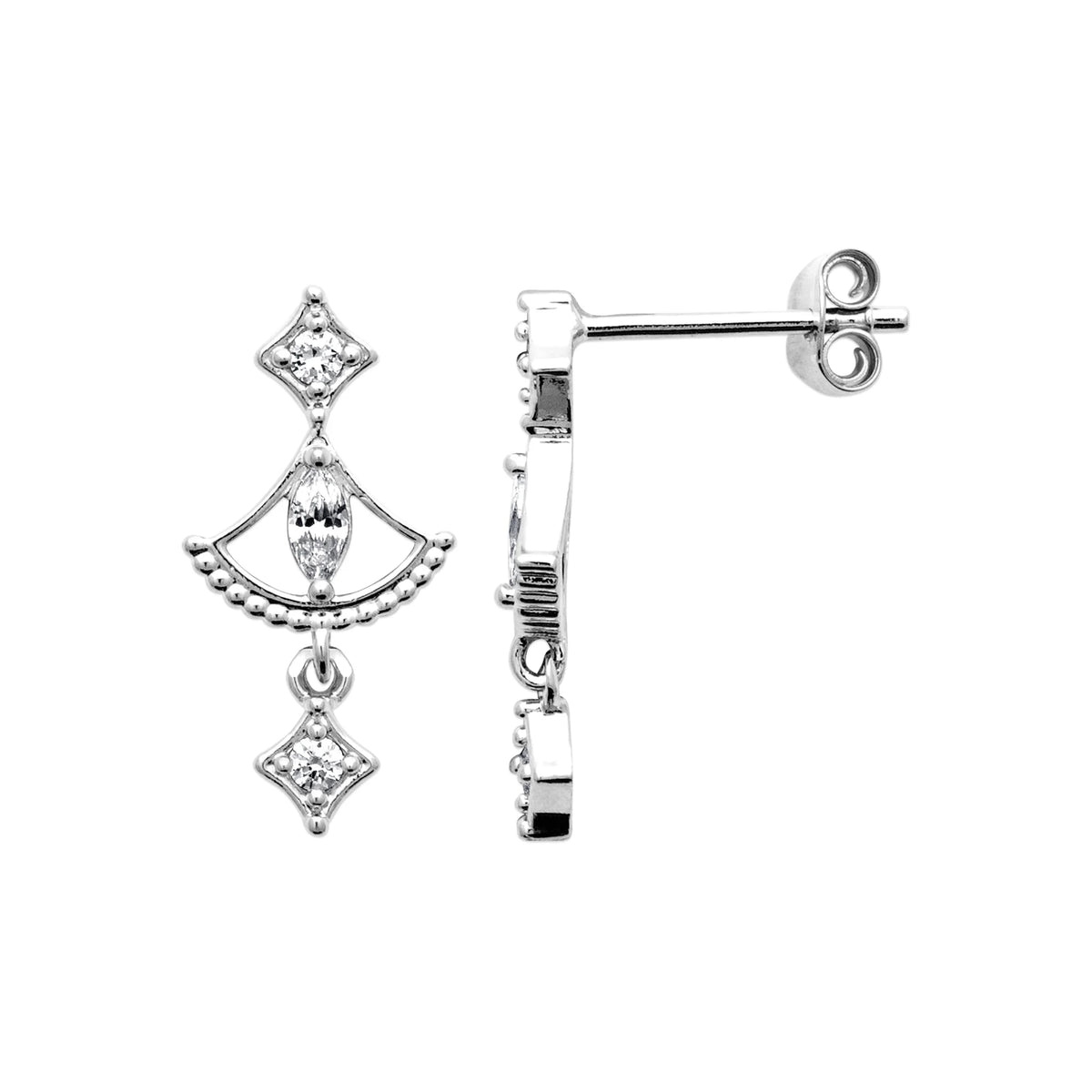 Boucles d’oreilles pendantes éventail perlé et losanges de zircons en argent 925 rhodié