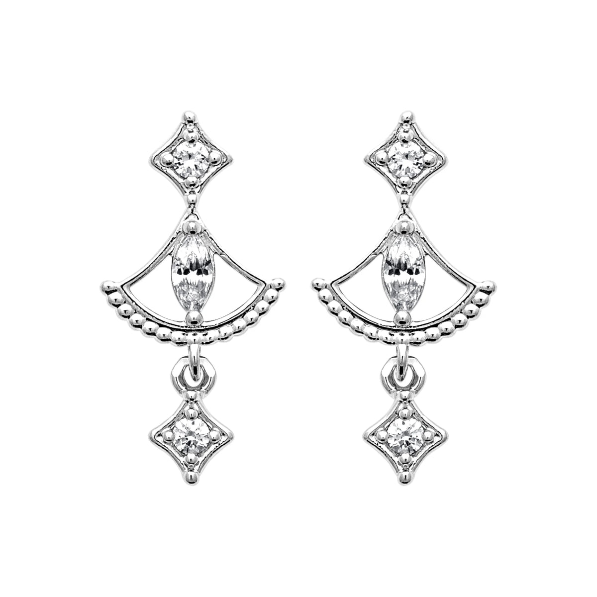 Boucles d’oreilles pendantes éventail perlé et losanges de zircons en argent 925 rhodié