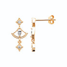 Boucles d’oreilles pendantes éventail perlé et losanges de zircons en plaqué or