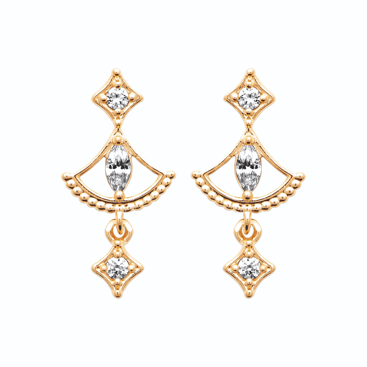 Boucles d’oreilles pendantes éventail perlé et losanges de zircons en plaqué or