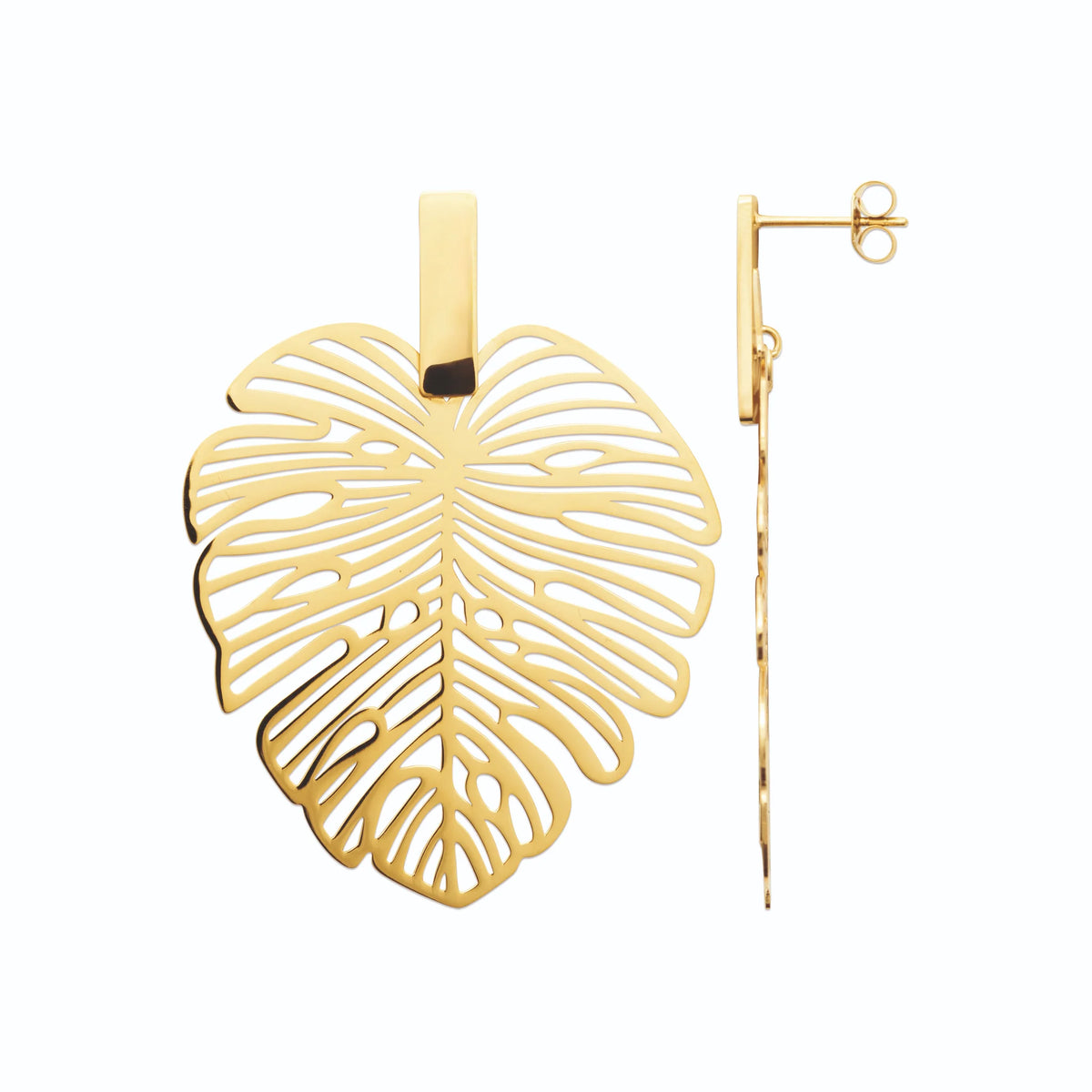 Boucles d’oreilles pendantes feuille de monstera ajourée en acier PVD doré