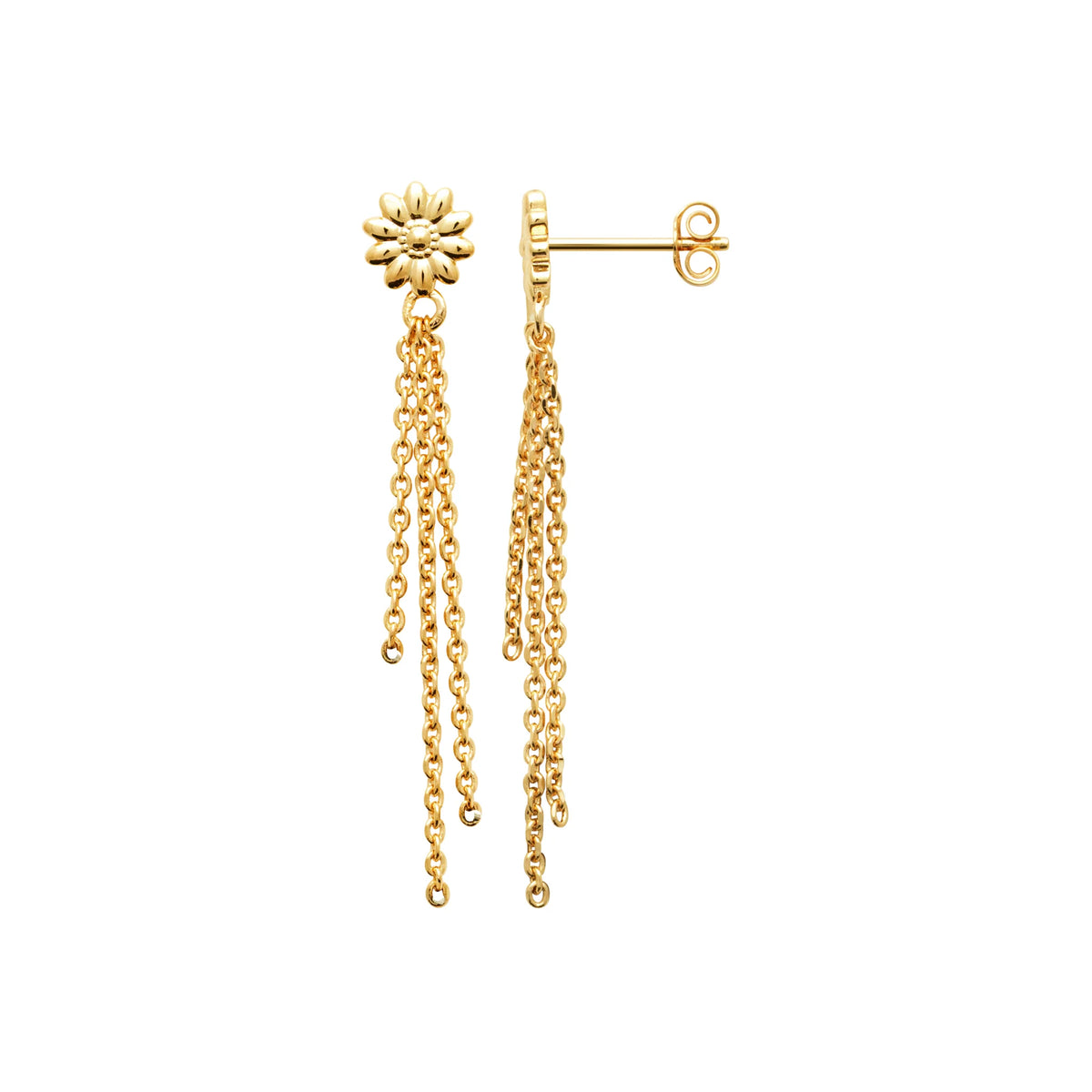Boucles d’oreilles pendantes fleur et chaînettes en plaqué or