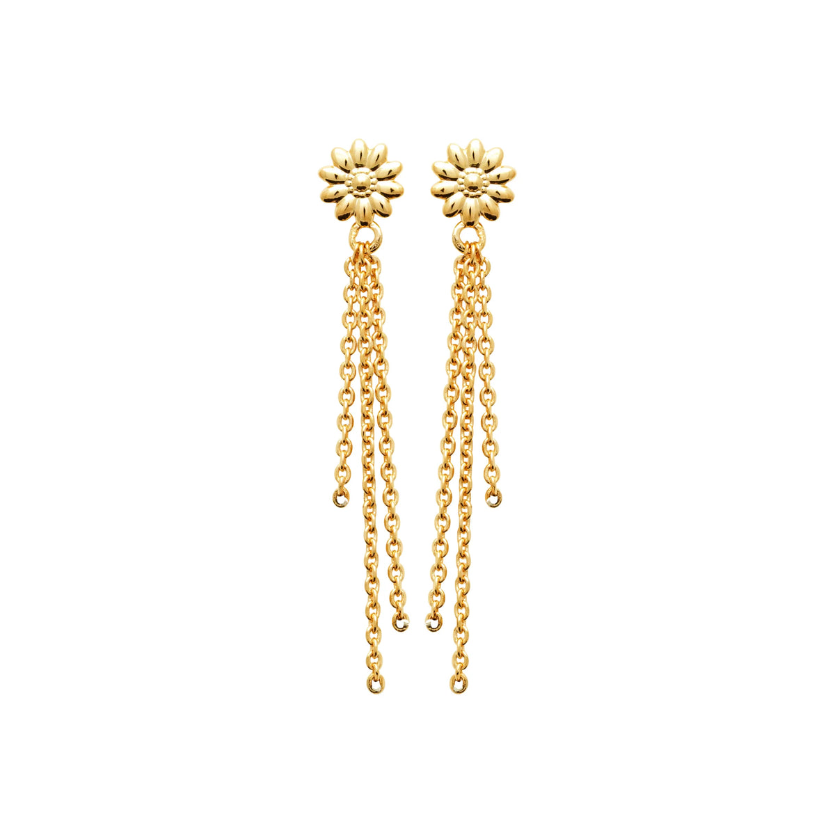 Boucles d’oreilles pendantes fleur et chaînettes en plaqué or