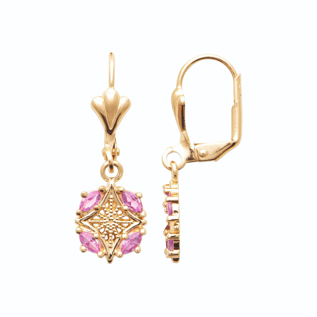 Boucles d’oreilles pendantes fleur de pierres roses en plaqué or