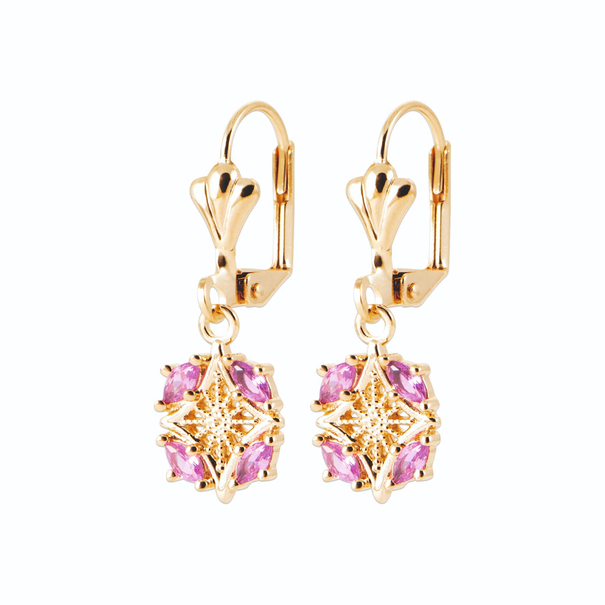 Boucles d’oreilles pendantes fleur de pierres roses en plaqué or