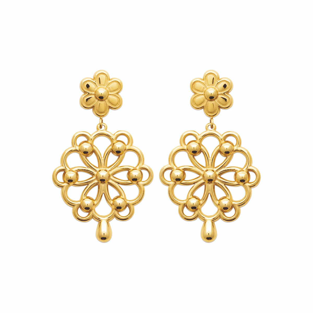 Boucles d’oreilles pendantes fleur et rosace filigranée en acier PVD doré