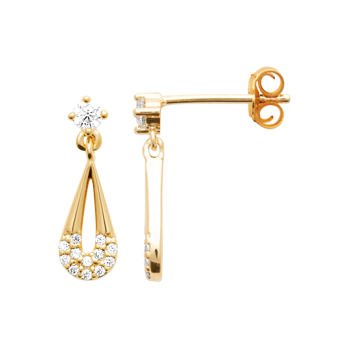 Boucles d’oreilles pendantes goutte ajourée pavée de zircons en plaqué or