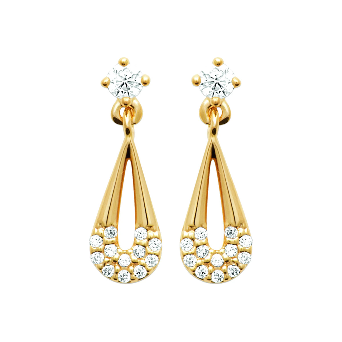 Boucles d’oreilles pendantes goutte ajourée pavée de zircons en plaqué or