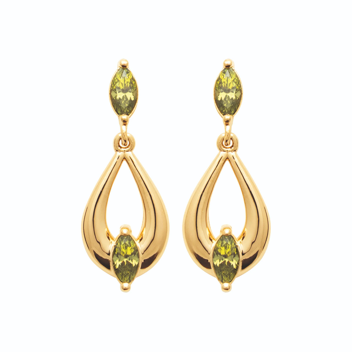 Boucles d’oreilles pendantes goutte ajourée et pierres vertes en plaqué or