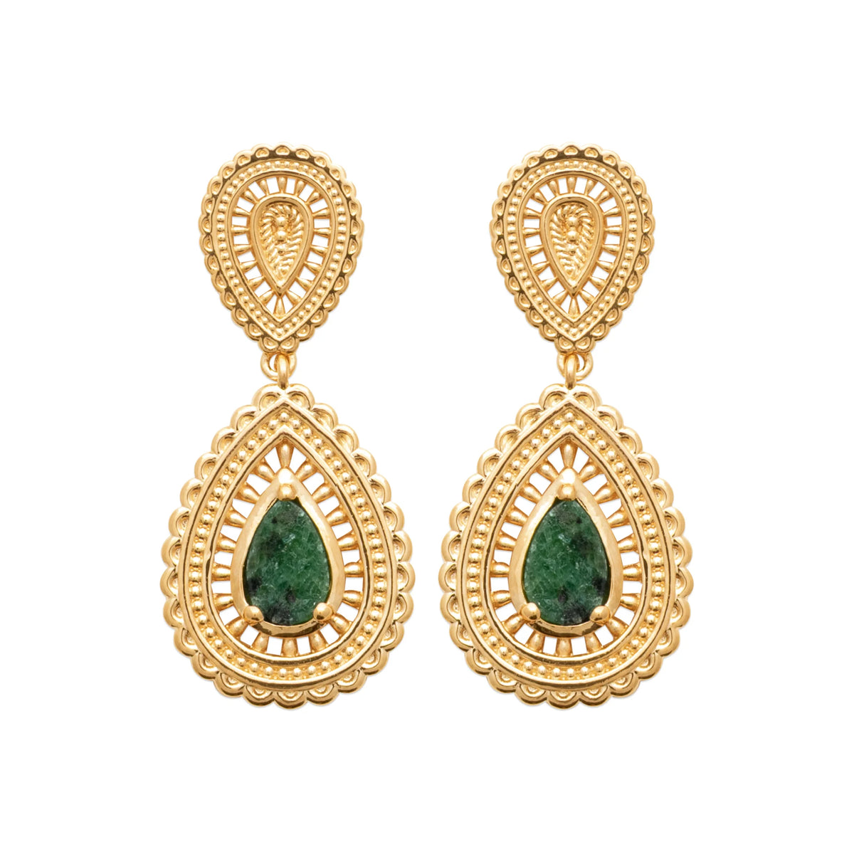 Boucles d’oreilles pendantes goutte ciselée et jaspe en plaqué or