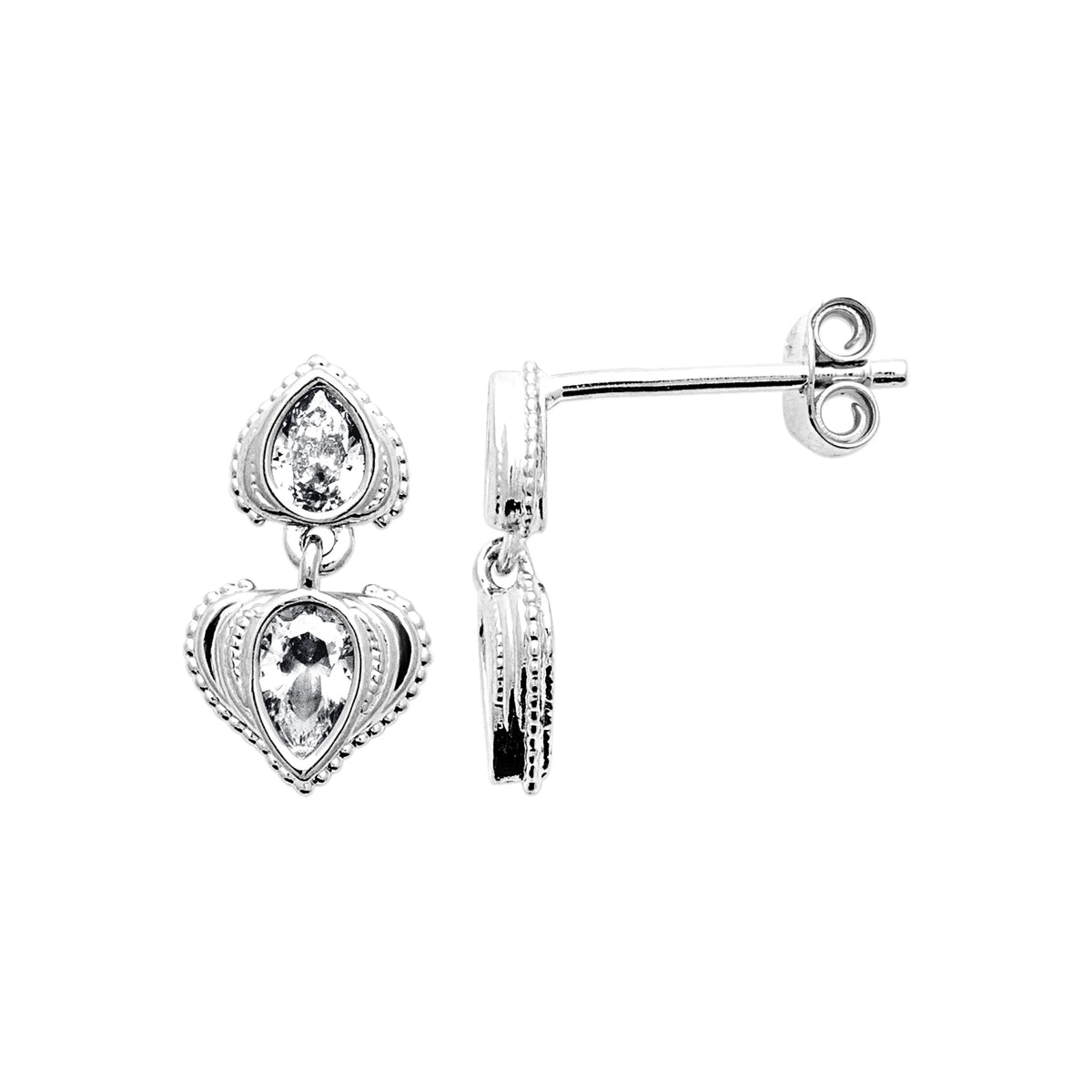 Boucles d’oreilles pendantes goutte et cœur perlés de zircons en argent 925 rhodié