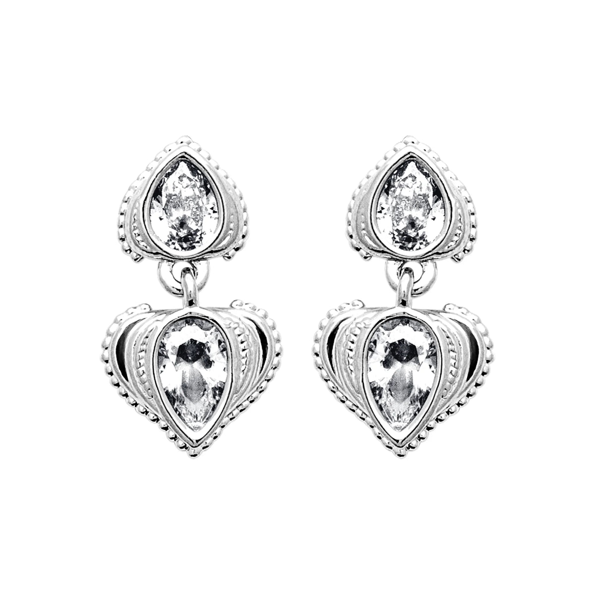 Boucles d’oreilles pendantes goutte et cœur perlés de zircons en argent 925 rhodié