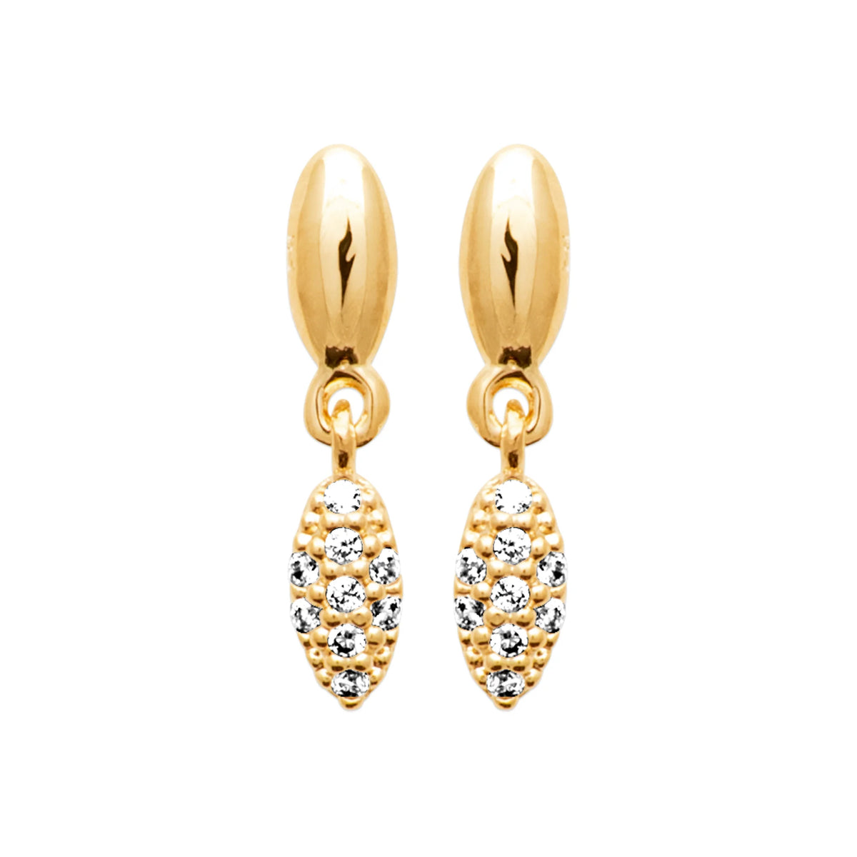 Boucles d’oreilles pendantes goutte d’or et navette pavée en plaqué or