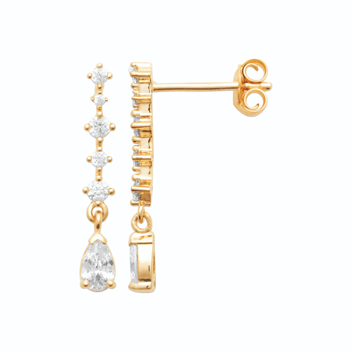 Boucles d’oreilles pendantes ligne de zircons baguettes et poire en plaqué or