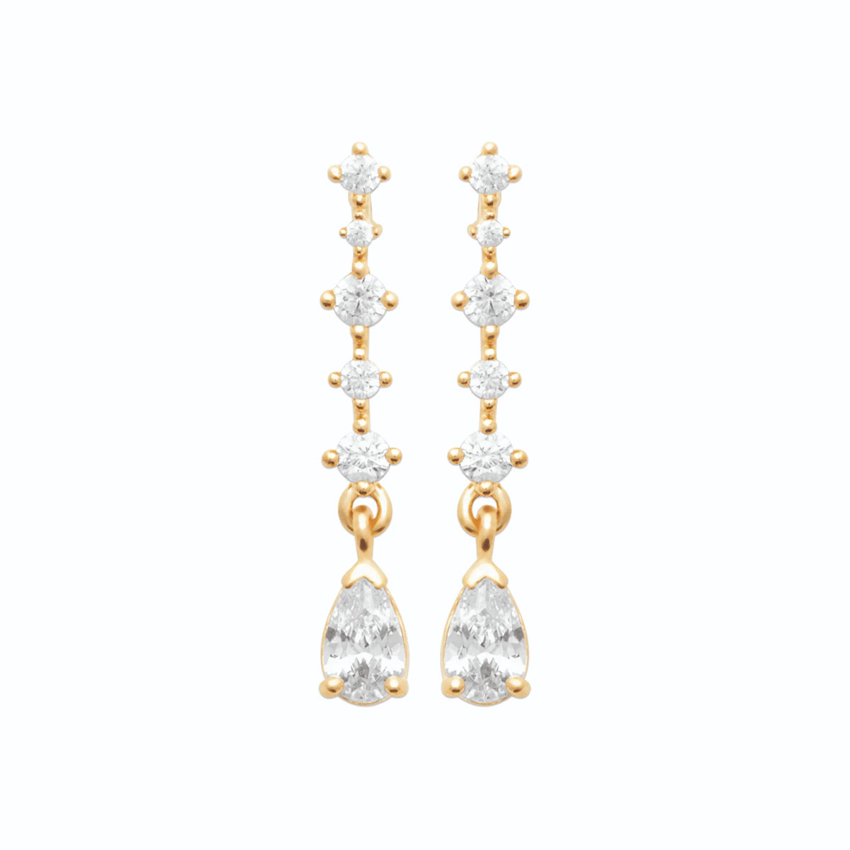 Boucles d’oreilles pendantes ligne de zircons baguettes et poire en plaqué or