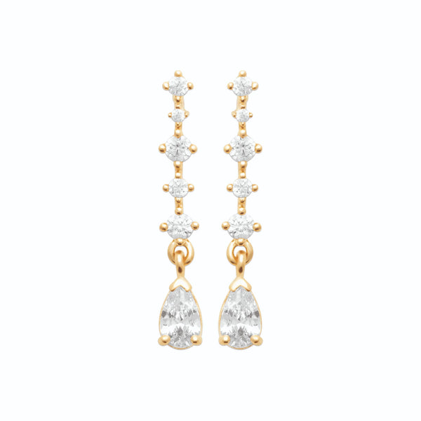 Boucles d’oreilles pendantes ligne de zircons baguettes et poire en plaqué or