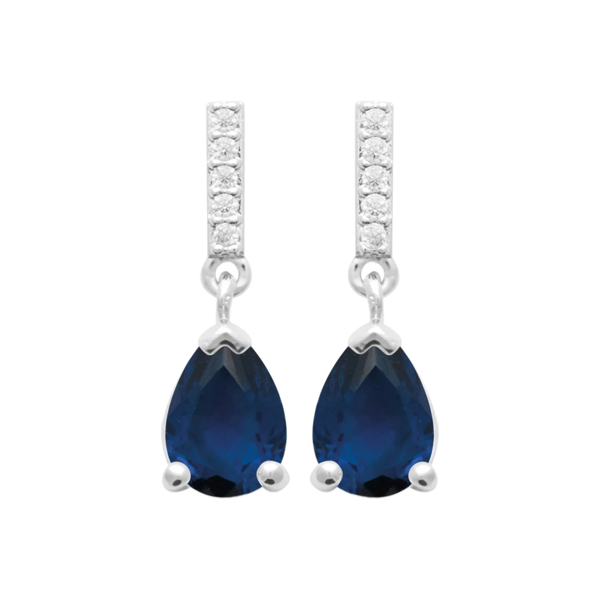 Boucles d’oreilles pendantes ligne de zircons et goutte bleu nuit en argent 925, vue de face