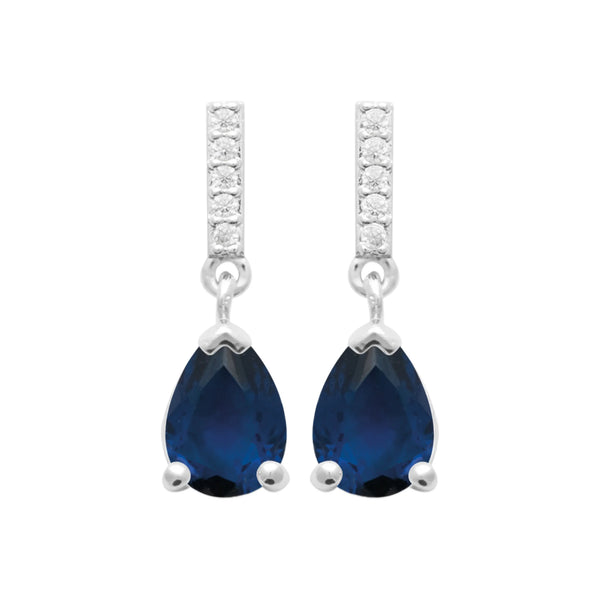 Boucles d’oreilles pendantes ligne de zircons et goutte bleu nuit en argent 925, vue de face