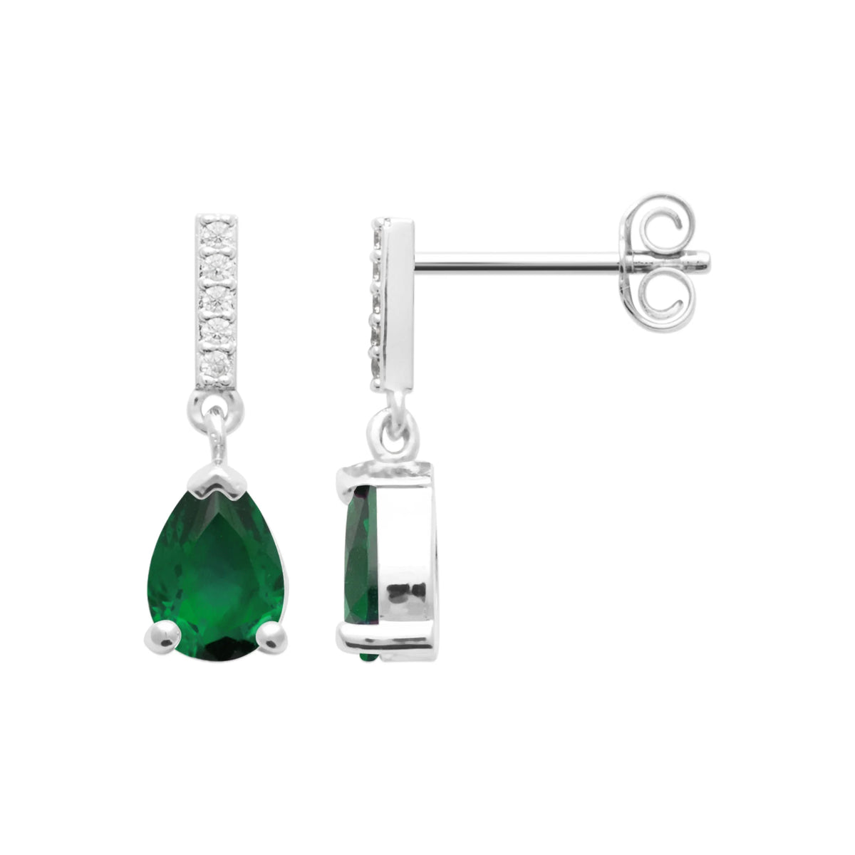 Boucles d’oreilles pendantes ligne de zircons et goutte verte en argent 925, vue de profil