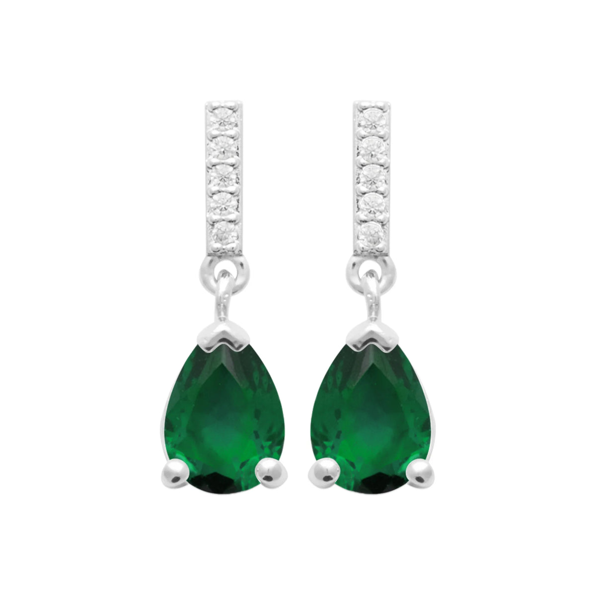 Boucles d’oreilles pendantes ligne de zircons et goutte verte en argent 925, vue de face