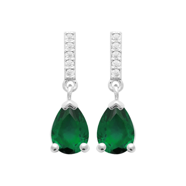 Boucles d’oreilles pendantes ligne de zircons et goutte verte en argent 925, vue de face