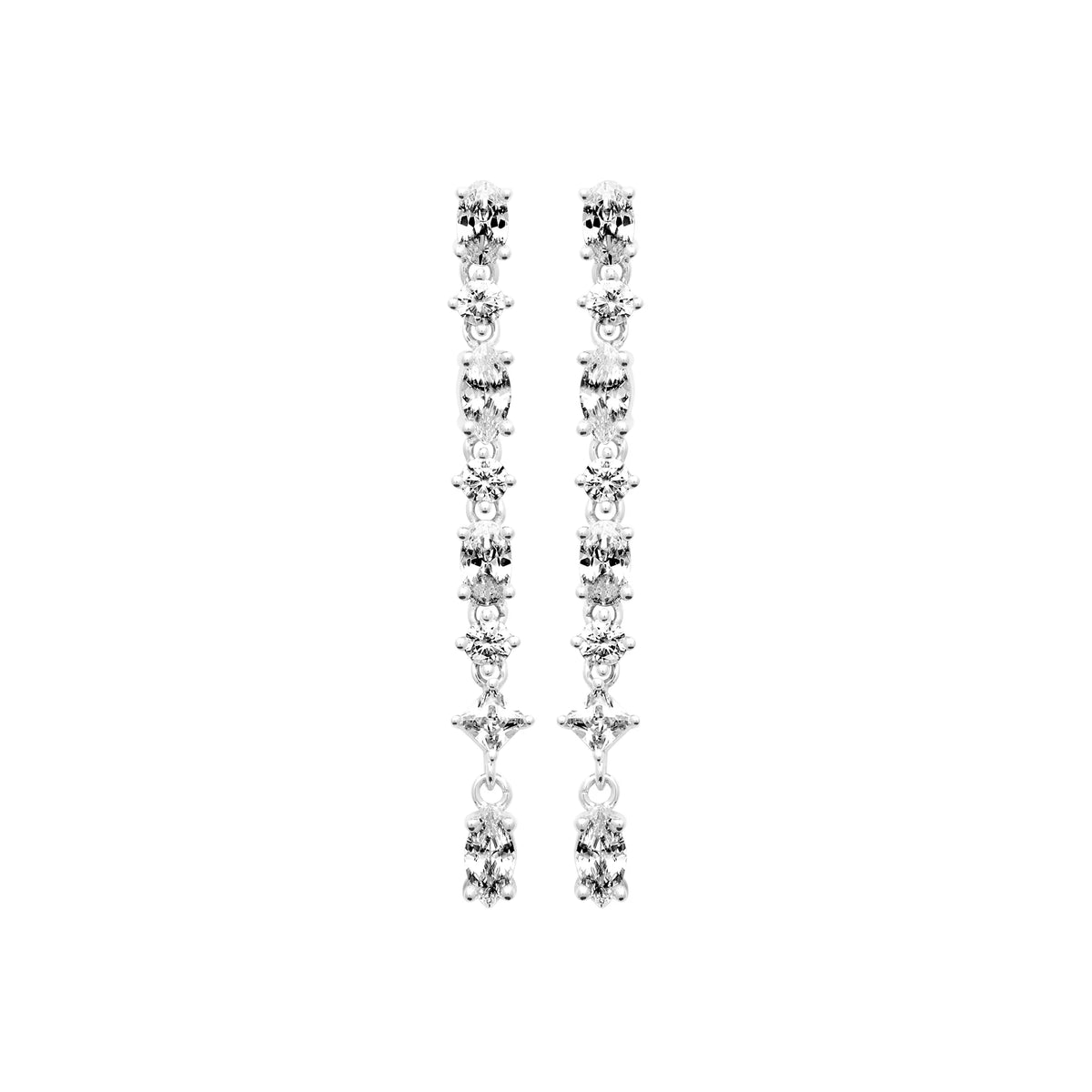 Boucles d’oreilles pendantes longue ligne de zircons alternés en argent 925 rhodié