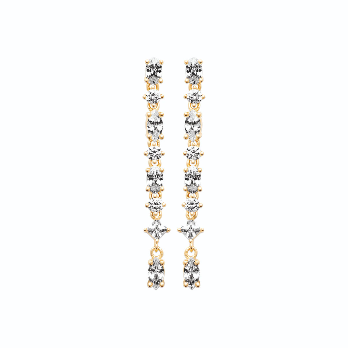 Boucles d’oreilles pendantes longue ligne de zircons alternés en plaqué or
