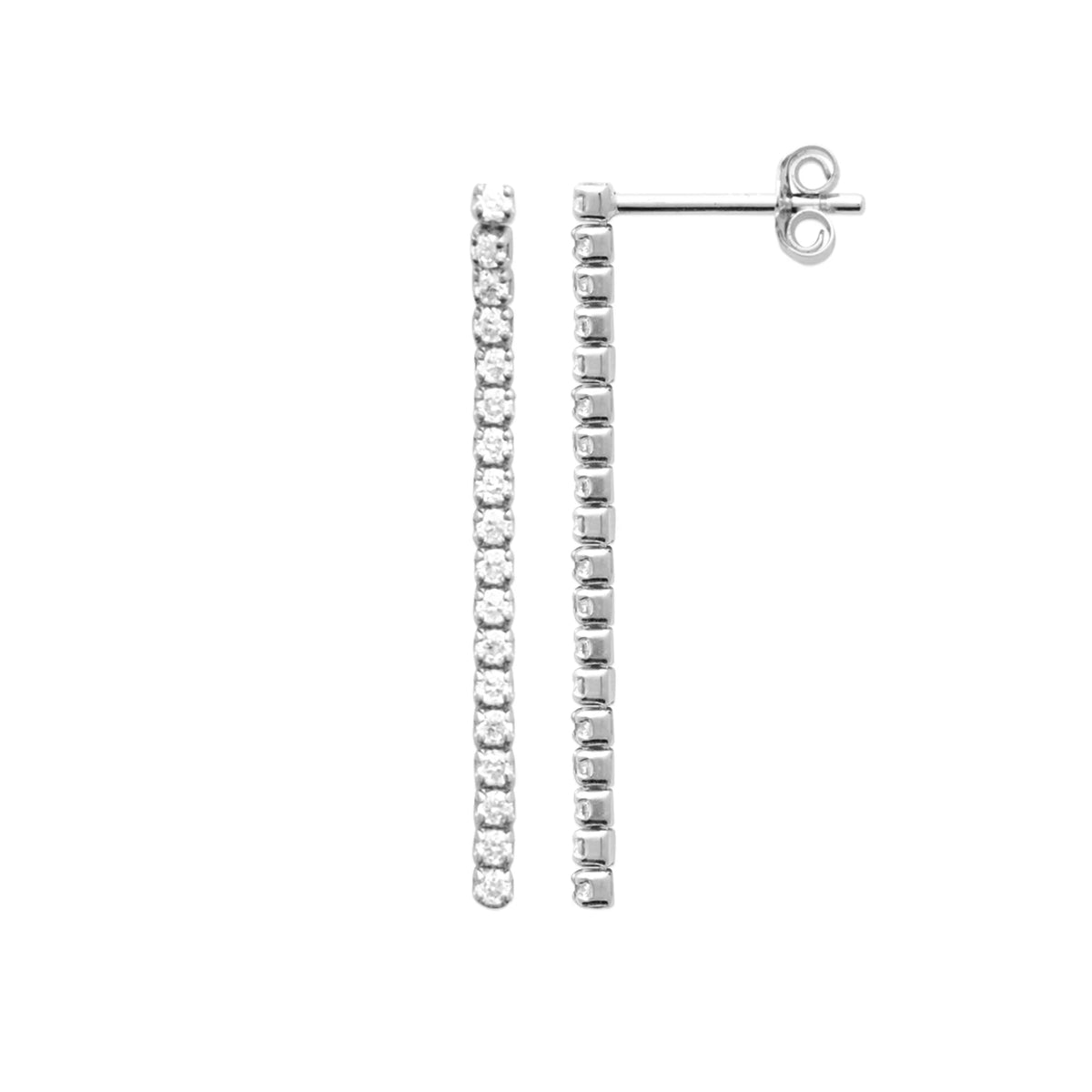 Boucles d’oreilles pendantes longue ligne de zircons en argent 925, vue de profil