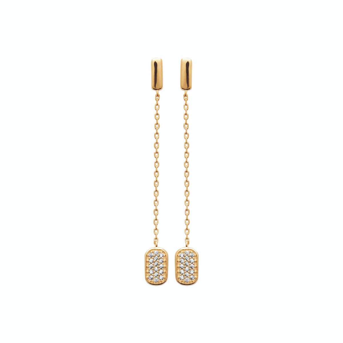 Boucles d’oreilles pendantes longues chaînes et plaque pavée de zircons en plaqué or
