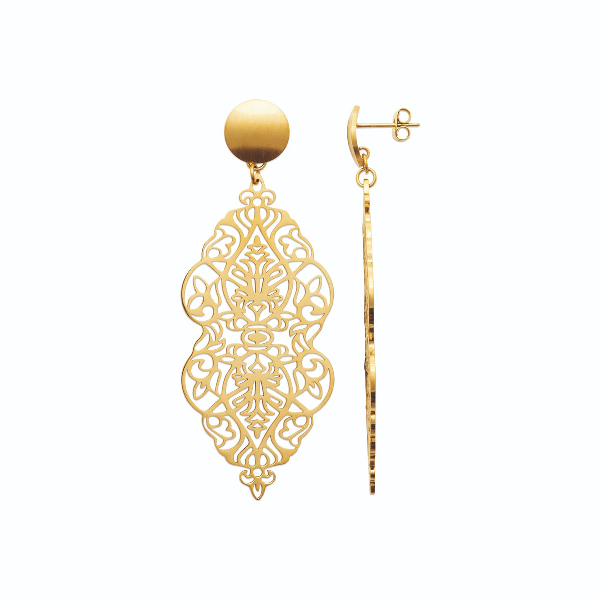 Boucles d’oreilles pendantes losange de dentelle ajourée en acier PVD doré